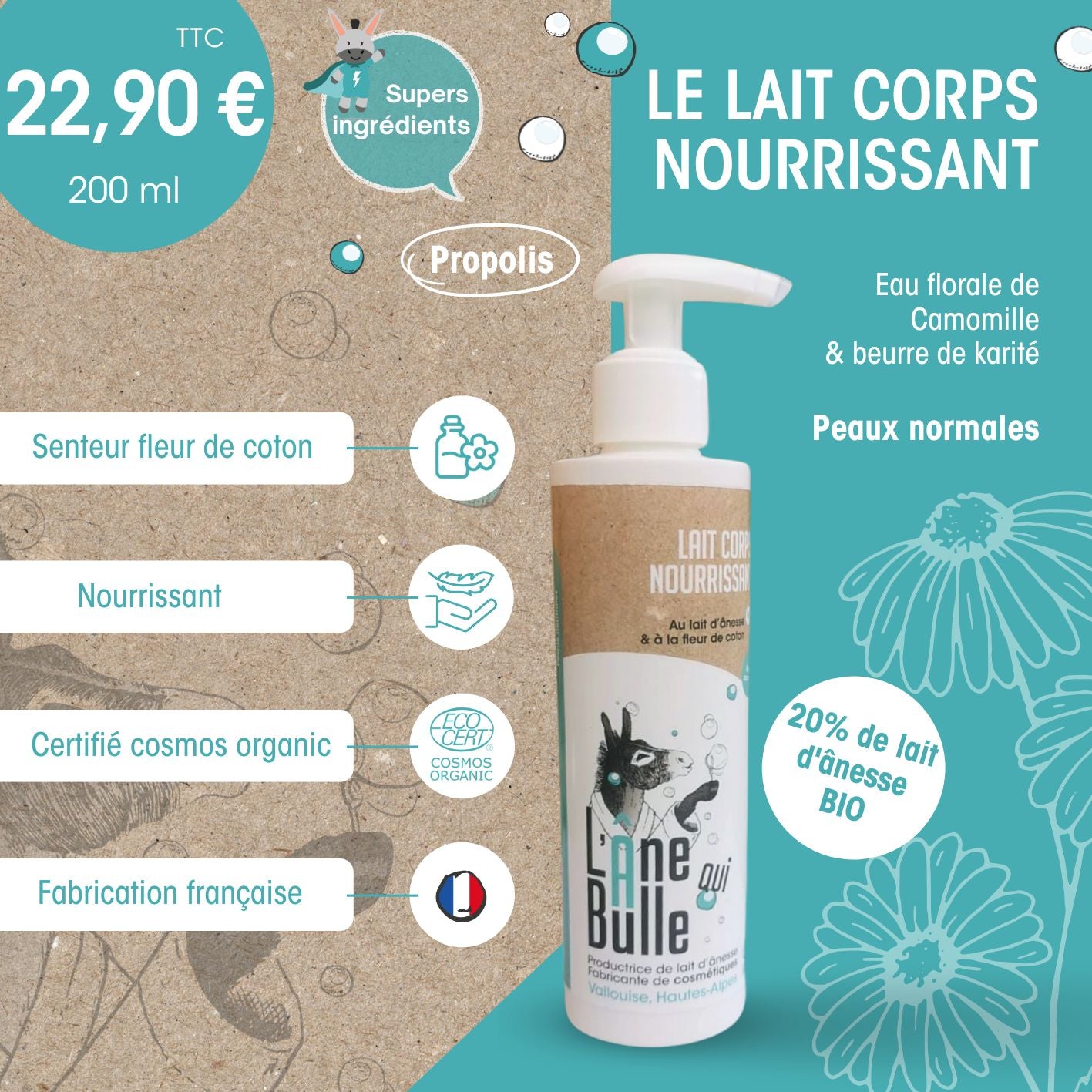 Lait corps nourrissant au lait d’ânesse frais et bio à la fleur de coton