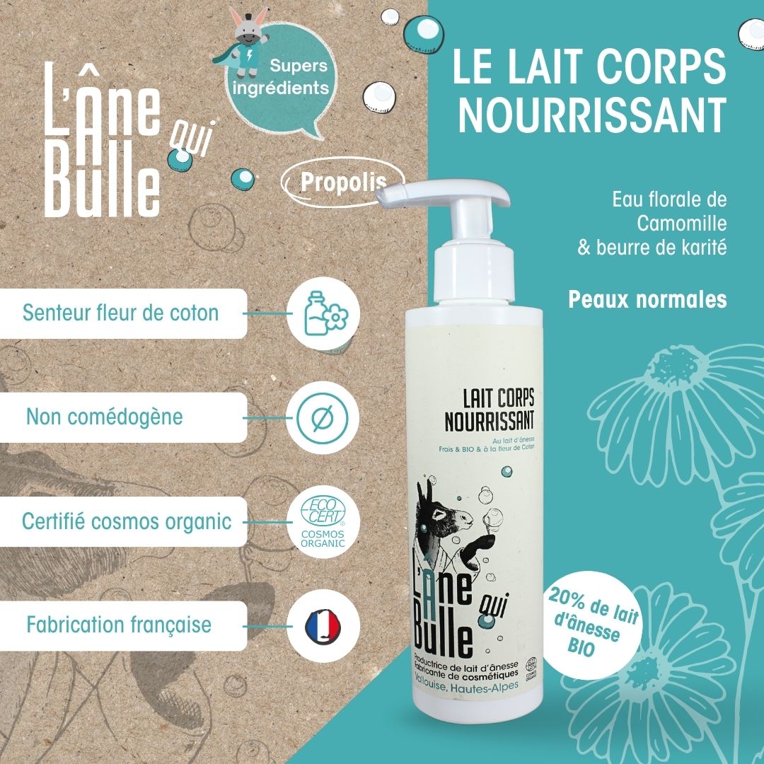 Lait corps nourrissant au lait d’ânesse frais et bio à la fleur de coton