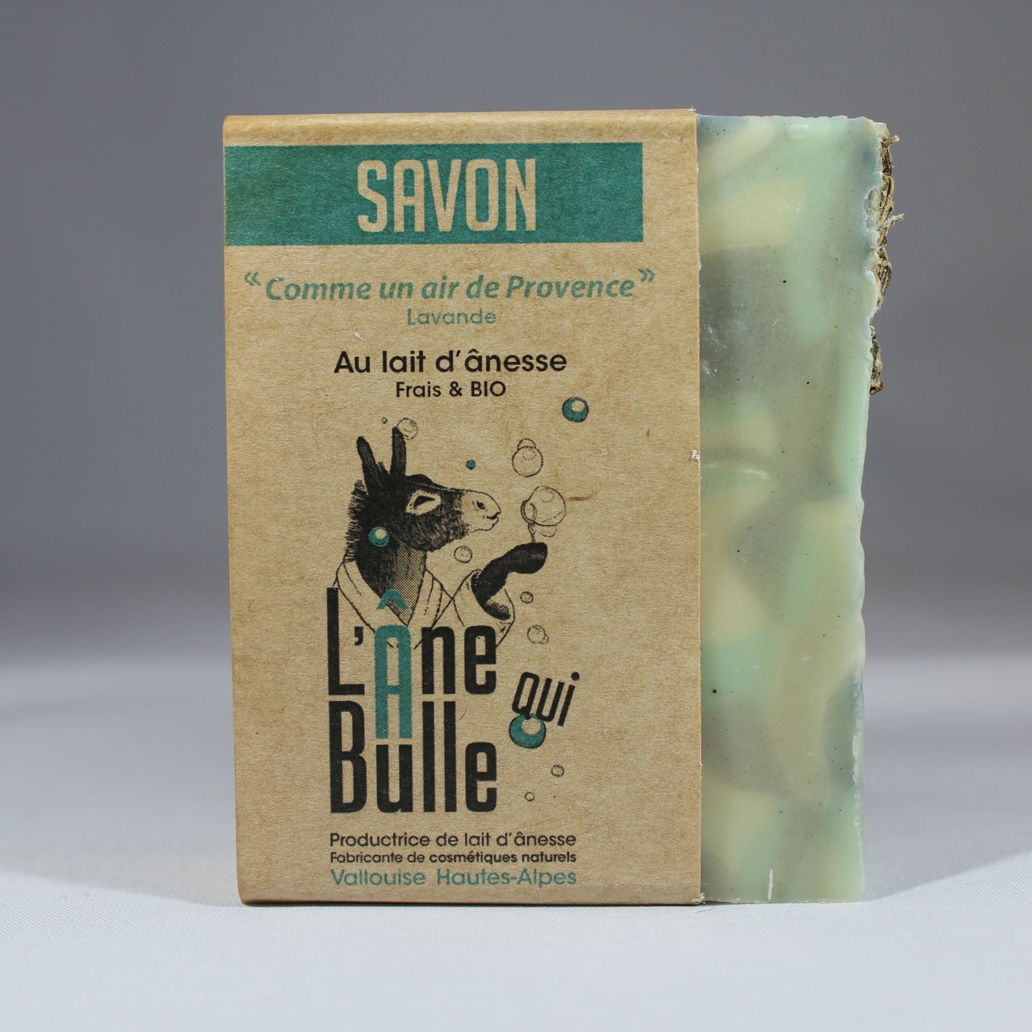 présentation du savon au lait d'ânesse lavande