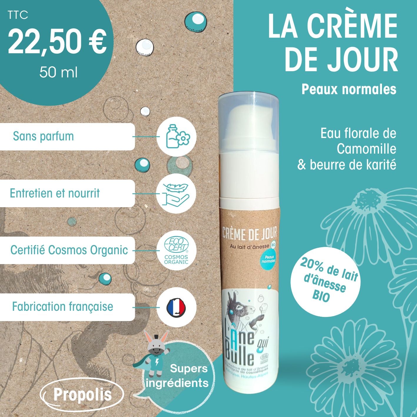 Crème de jour au lait d’ânesse frais et bio – Peaux normales