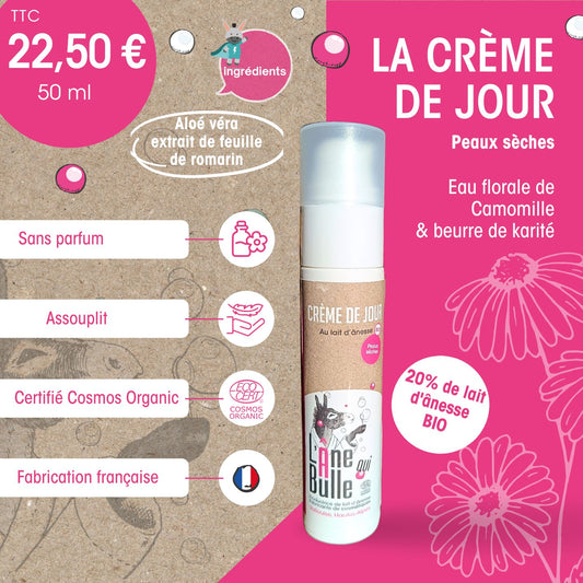 Crème de jour au lait d’ânesse frais et bio – Peaux sèches