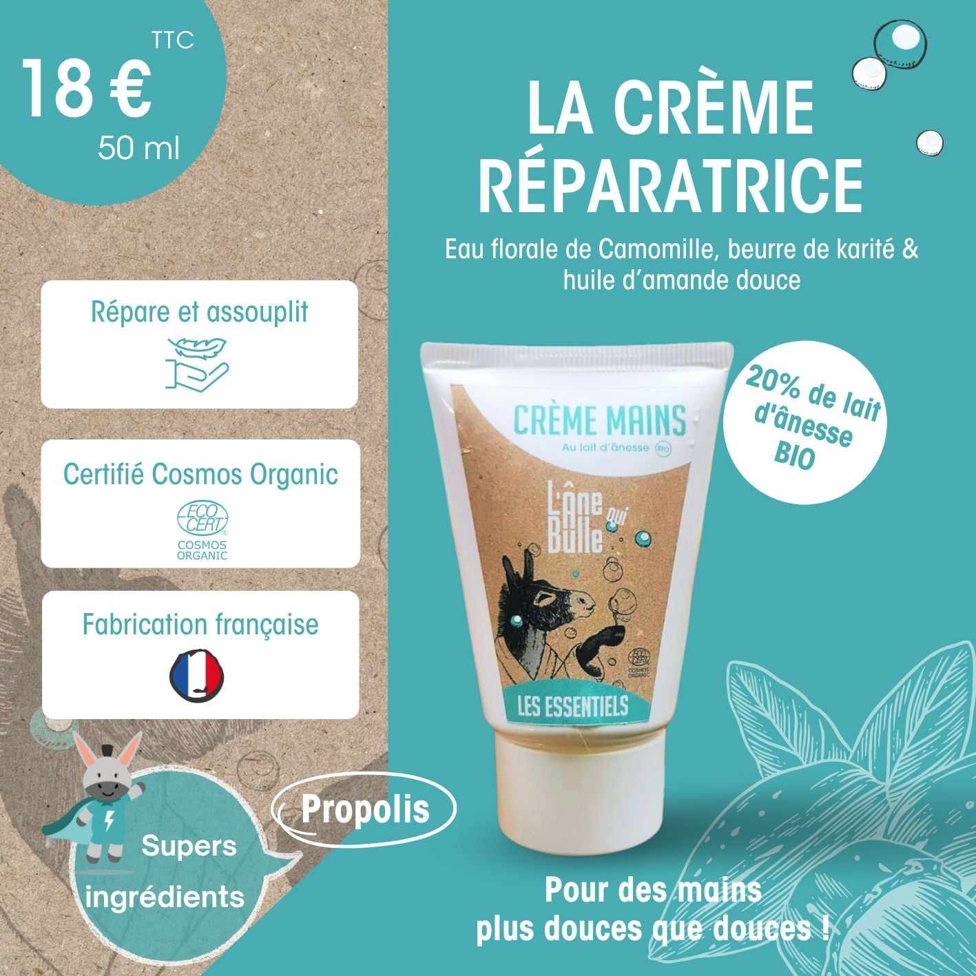 Crème réparatrice pour les mains au lait d’ânesse frais et bio