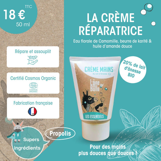 Crème réparatrice pour les mains au lait d’ânesse frais et bio