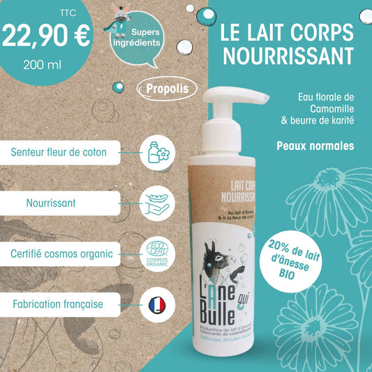 Lait corps nourrissant au lait d’ânesse frais et bio à la fleur de coton