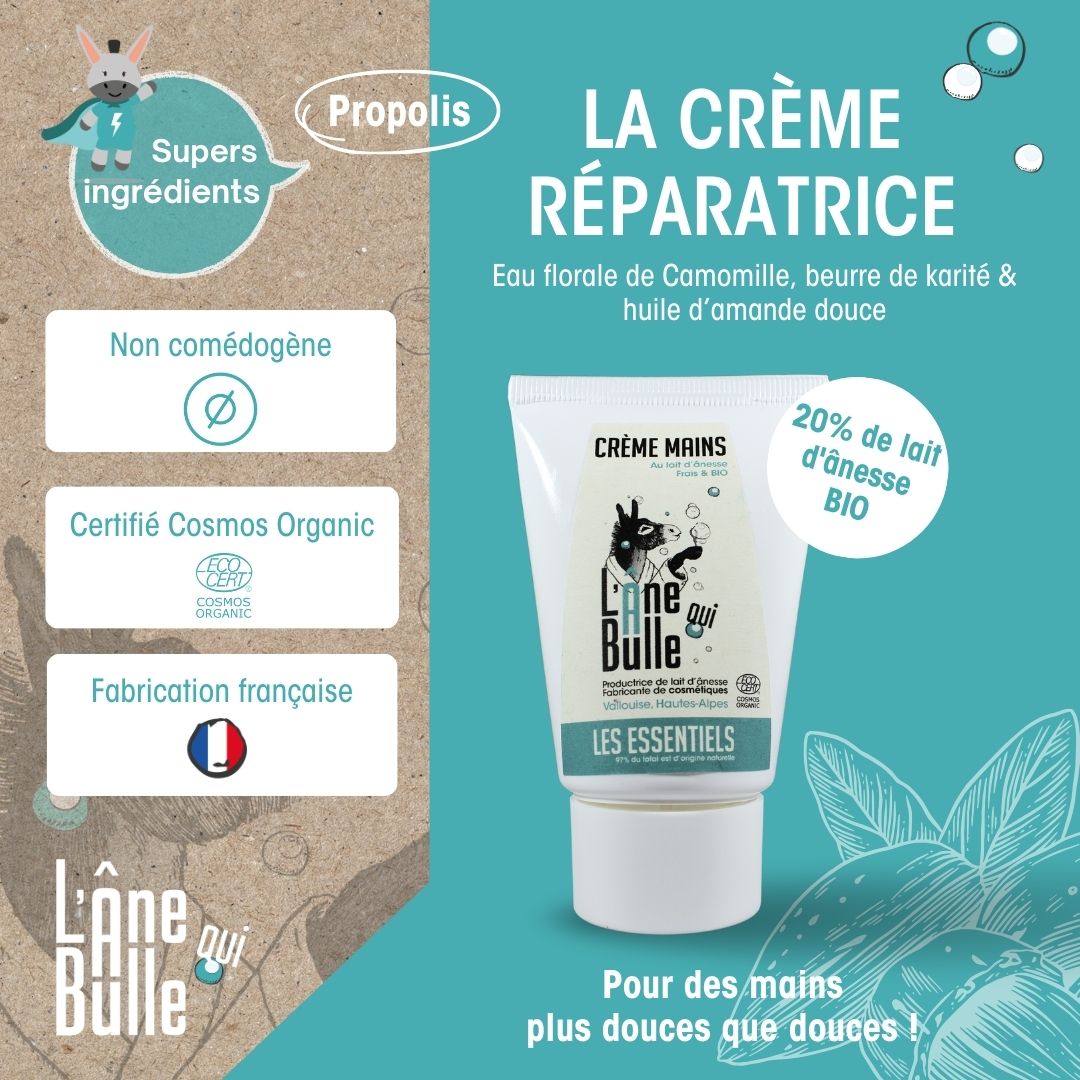 Crème réparatrice pour les mains au lait d’ânesse frais et bio