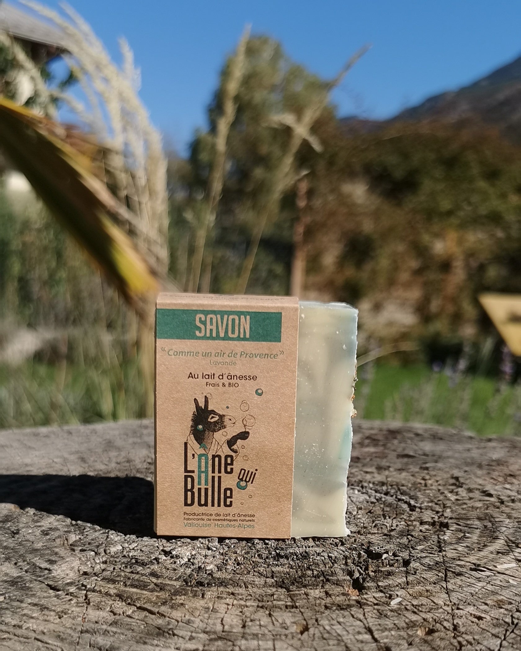 présentation du savon au lait d'ânesse lavande dehors